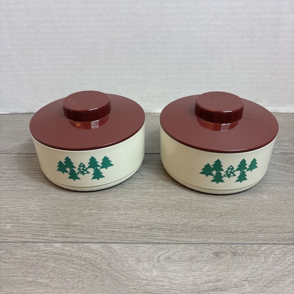 Vintage Tupperware Christmas Tree Set 2 Round Candy Dishes Plastic W/Lids RARE
